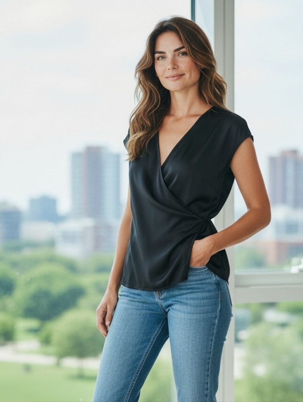 Ellen Tracy 100% Silk Black Blouse Top Size 4 Side Gathered Minimalist Chic